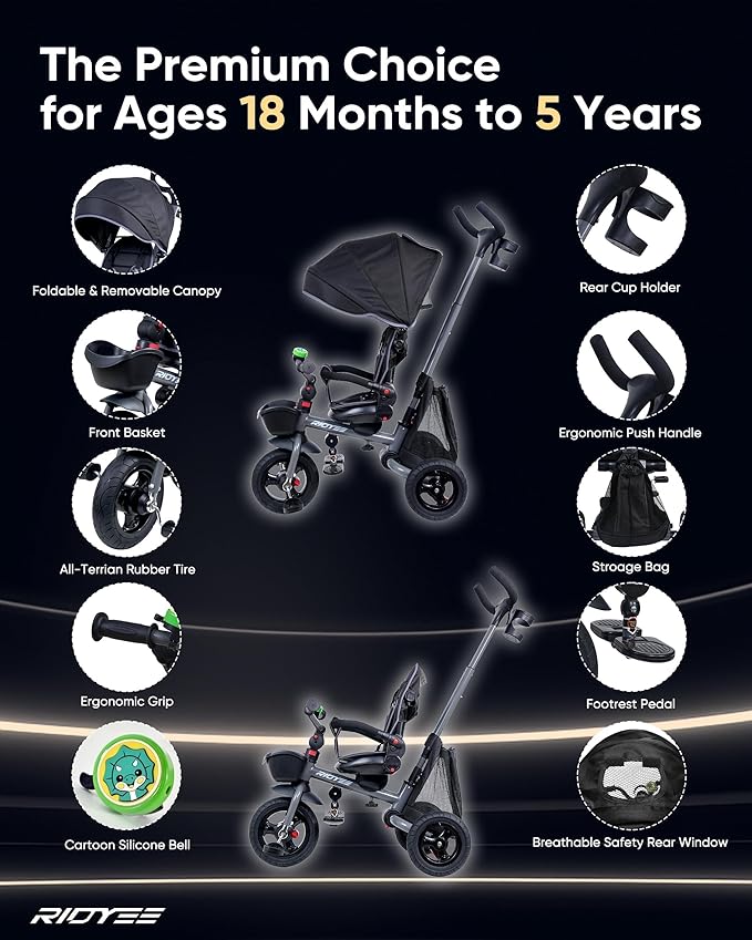 7-in-1 Folding Toddler Tricycle for 18 Months to 5 Years, Tricycle Stroller with Dual Brakes, All-Terrian Rubber Tire, Tricycle for Toddlers with Rotatable Seat, Adjustable Push Handle, Grey