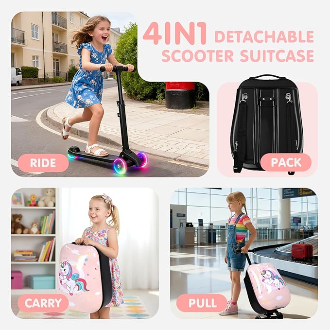 smilesun 4-in-1 Detachable Scooter Suitcase for Kids & Teenagers, Lightweight Hardside Ride-On Suitcase, Foldable Design, Perfect Travel Gift for Girls(Pink Cute Pony 22-inch)