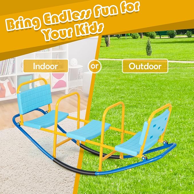 3-Person Teeter Totter Seesaw, Sit and Spin 360° Rotating Rocking Toy for Toddlers, Heavy Duty Metal Seesaw for Kids Outdoor, 3-Seater Backyard Playground Equipment for Ages 3-8 (Blue)