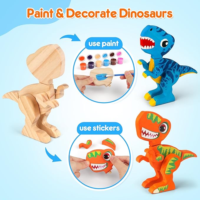Mocoosy Wooden Dinosaur Painting Art and Craft Kit for Kids 3-5, Build & Decorate Your Own Dinos with Paint and Stickers, Wood Dinosaur T-Rex STEM Game Montessoi Toys Educational Gift for Boys Girls