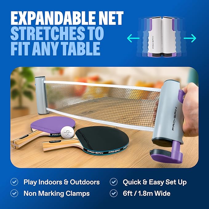 PRO-SPIN Portable Ping Pong Set with Retractable Ping Pong Net for Any Table, All-in-One Table Tennis Set with Ping Pong Paddles, Balls & Case, Table Top Family Game
