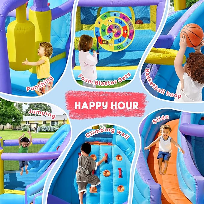 Inflatable Bounce House Water Slide Combo, Blow Up Water Slides for Backyard, Kids Jumper with Climbing Wall, Basketball Hoop, Splash Pool with Blower (Double Water Slide)