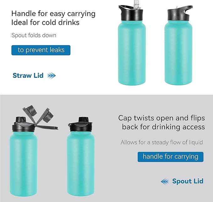 VEGOND 32 oz Insulated Water Bottle Stainless Steel Metal Water Bottles with Leak Proof Straw Lid & Spout Lid, Wide Mouth Double Walled Vacuum Travel Sports Bottle, Mint Green