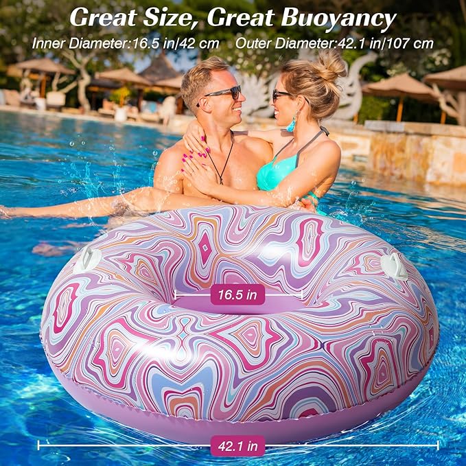 HeySplash Pool Tubes for Adult, 42 Inch Large Pool Floats with Handles, Inflatable Swim Rings Lounge, Hawaii Fun Swim Floaties Swimming Pool Beach Lake River Party Decoration Toys,Colorful Pink Ripple