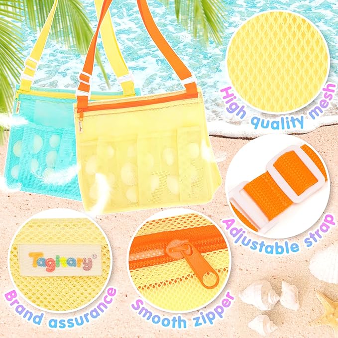 Tagitary Beach Toys Mesh Beach Bags for Kids with Zipper Collapsible Mesh Seashell Collecting Swim Pool Lake Sand Toy Storage, Boys and Girls Teens Summer Vacation Essentials