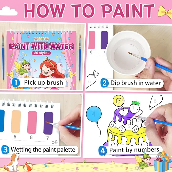 Paint with Water Coloring Books for Toddlers,Princess and Party Theme Mess Free Watercolor Painting Papers for Kids Water Color Paint Kit Art Craft Birthday Gift for Ages 1-3, 4-8