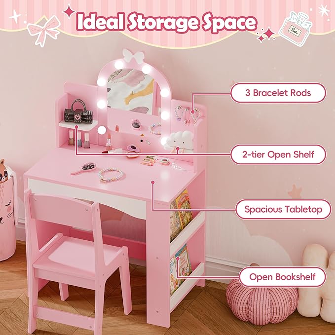 MU Kids Vanity with Lights, Princess Makeup Vanity Table and Chair Set for Girls, Toddler Vanity Desk with Open Bookshelf, Storage Cabinet & Shelves, Stools, Pink