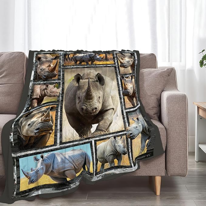 White Rhino Blanket Rhinos Animal Throw Blankets Gifts for Girls Boys Kids Rhino Lover Soft Cozy Fleece Plush for Couch Sofa Bed 50"x40"