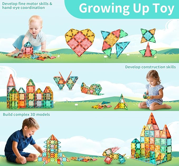 Magnetic Tiles,Magnet Building Blocks Construction Stacking Educational Toy Creative Playboard for Kids Ages 3+ (60 Pieces)