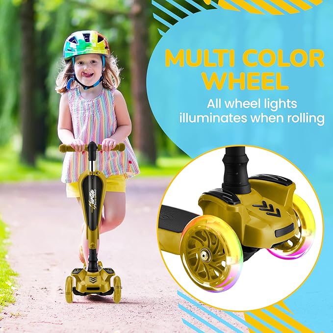Hurtle 3-Wheeled Scooter for Kids - Wheel LED Lights, Adjustable Lean-to-Steer Handlebar, and Foldable Seat - Sit or Stand Ride with Brake for Boys and Girls Ages 1-14 Years Old