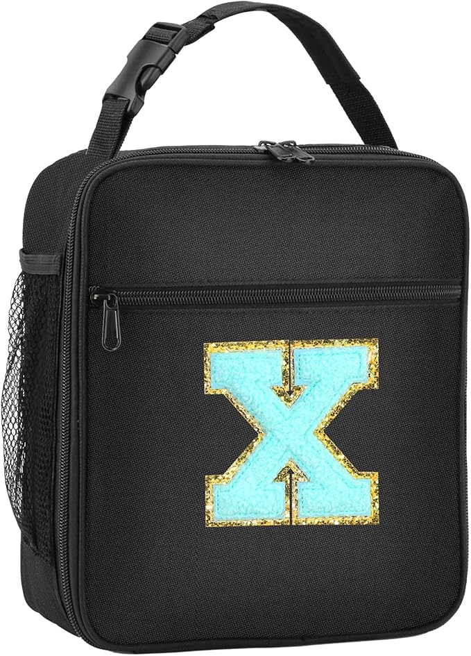 Initial Insulated Lunch Bag, Lunch Box with Initial Letter Patch for Teen Adult, Reusable Lunch Bag for Men Women, Ideal Back to School Gift Birthday Gift, Blue X