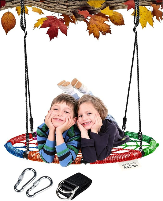 PLAYVIBE Spider Web Tree Swing - 40 in Multicolor Saucer Swing - 440 lb Capacity with Hanging Straps & Carabiners - Weather-Resistant Outdoor Play for Kids & Toddlers - Fits Trees, Playsets & Gyms