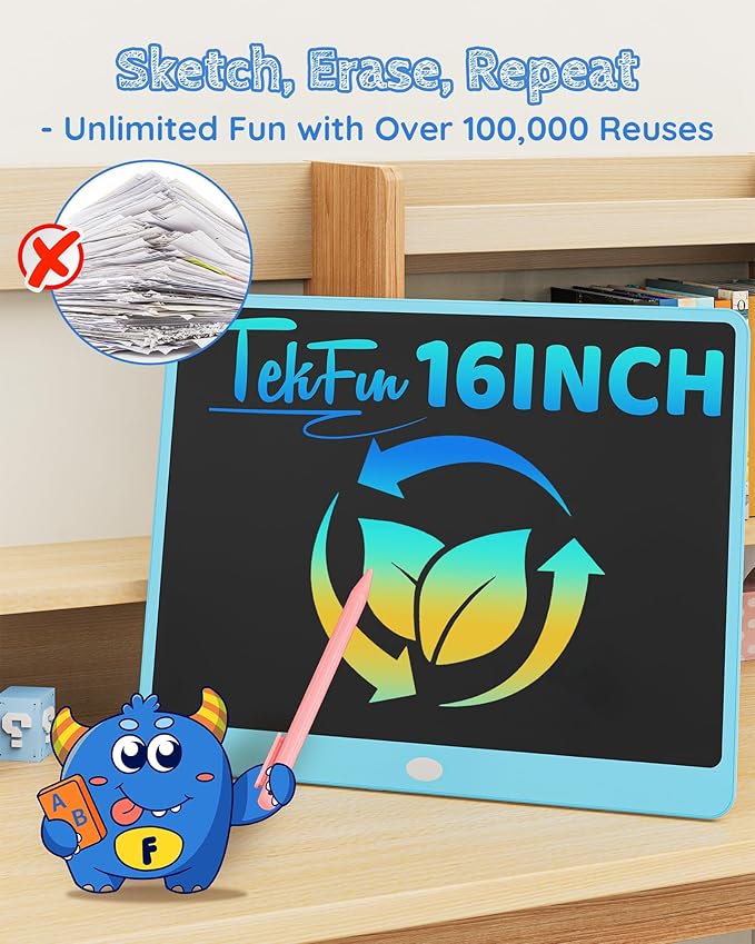 TEKFUN LCD Writing Tablet for Adults, Large Doodle Board, 16 Inch Colorful Drawing Tablet Writing Pad, Toddler Toys for 3 4 5 6 7 8 9 Year Old Girls Boys Teen, Birthday Gifts for Kids (Blue)
