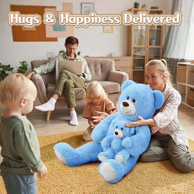MorisMos Mom and Baby Giant Teddy Bear, 39inch Soft Big Teddy Bears Stuffed Animal Plush for Baby Shower, Birthday, Blue