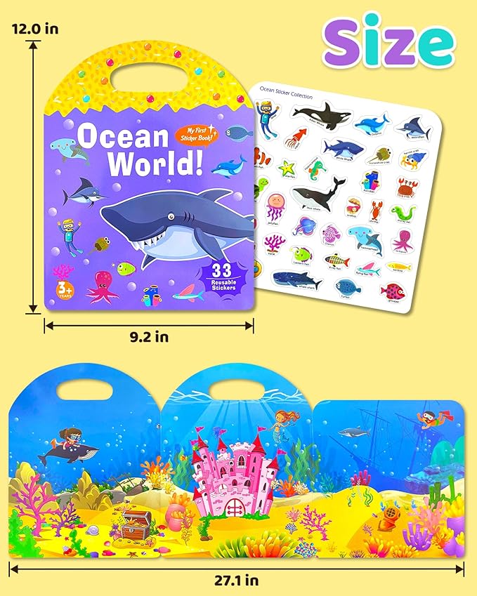Benresive Reusable Sticker Book for Toddlers 2-4 Years, Fun Travel Stickers for Kids, Waterproof Sticker Books for Toddlers 1-3, Crafts Activities for Toddler 1-3 2-4 3-5 - Ocean World