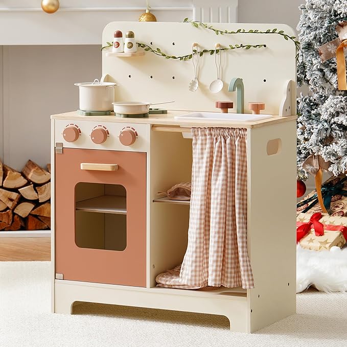 ROBOTIME Kids Play Kitchen Set - Rustic Wooden Kitchen Sets, Pretend Play Kitchen with Leaf Light String, Apron, and Groves, for Toddlers 3+ (Rustic Style)