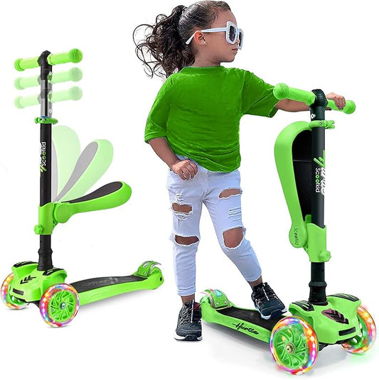 Hurtle 3-Wheeled Scooter for Kids - Wheel LED Lights, Adjustable Lean-to-Steer Handlebar, and Foldable Seat - Sit or Stand Ride with Brake for Boys and Girls Ages 1-14 Years Old