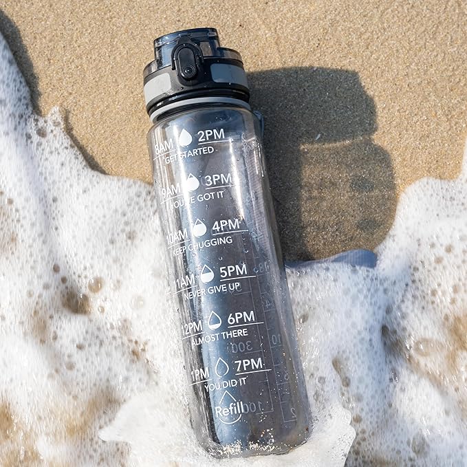 OLDLEY Water Bottle, 32oz Motivational Sports Water Bottle with Time Marker - Times to Drink - Tritan, BPA Free, Wide Mouth Leakproof,Smoke Grey (1 Bottle)