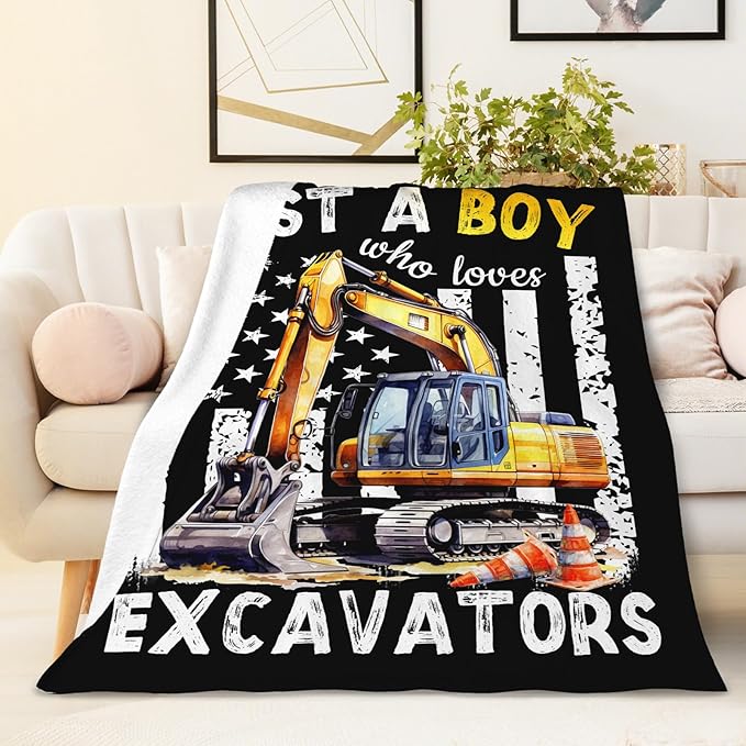 Excavator Gifts for Boys, Cute Car Throw Blanket for Kids Teens Construction Truck Lovers, 40x50 Inches Just A Boy Who Loves Excavators Blankets for Sofa Couch Travel
