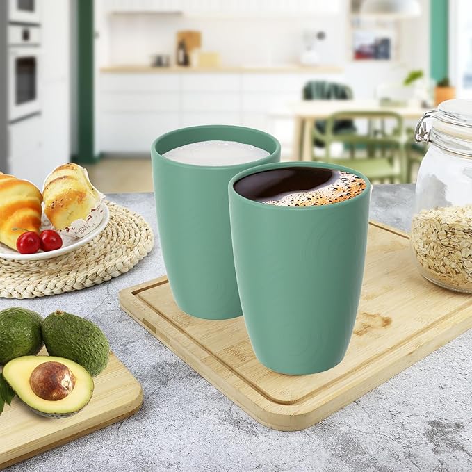 Drinking Cups Set Wheat Straw Cups 16 OZ - Reusable Water Cups Plastic Drinking Glasses 6 PCS Dishwasher Safe Cup Unbreakable Kitchen Cup for Camping, Outdoor Activities -Green