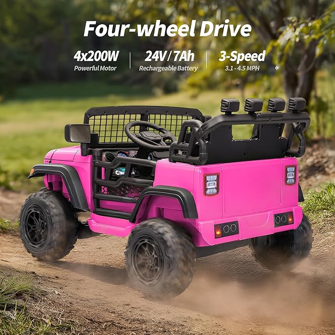 2 Seater Ride on Car Toy, 24V 4WD Electric Car for Kids 4-8 with Remote Control, 4x200W Motors, Capacity 110 lb - Pink