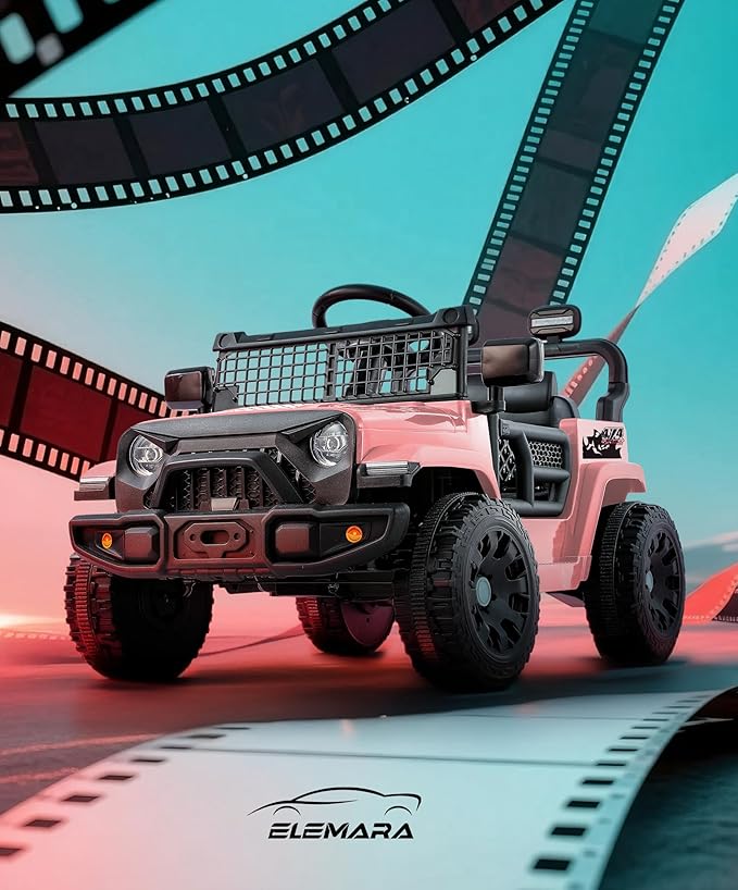 ELEMARA 12V Ride on Toys, Electric Vehicles for Kids w/3 Speeds, 3.5 mph Max, Ride on Car with Remote Control, Motorized Truck, Toddler Electric Car w/Bluetooth, LED Lights,Shock Absorbers-Light Pink