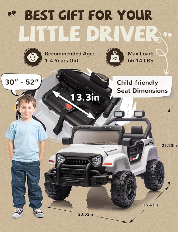 Ride on Car, 12V Kids' Electric Vehicles W/Parents Control, Ride on Toys for Toddlers with Music, Four-Wheels Suspension, USB, Headlights, White