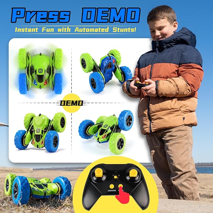 Threeking RC Stunt Car Remote Control Cars with Lights Double-Sided Driving Indoor Outdoor Toys Gifts Presents for 6 7 8 9 10 11 12 Year Old Kids Boys Girls