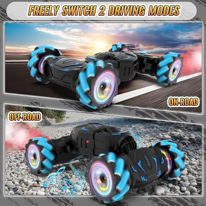 Pristar RC Cars Gesture Sensing Stunt Car, Best Gifts for Boys 6-12, 2.4Ghz Remote Control Car Toys for Boys Age 6 7 8 9 10 11 12, Double Sided Flip 360° Rotate 4WD Off-Road with Spray Lights Music