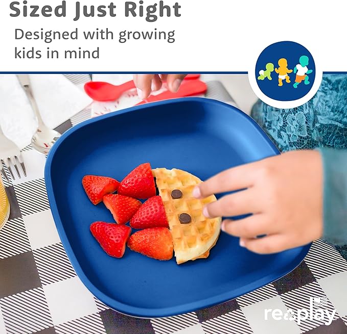 Re-Play Toddler Plates - 22 Oz. Deep-Walled Flat Kids Plates - Dishwasher & Microwave Safe - Made in USA - Set of 4-7.37" x 7.37" x 1.25" - Modern Blue