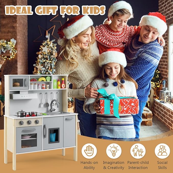 Costzon Kids Kitchen Playset, Wooden Pretend Toddler Kitchen Toy Set w/Sound, Microwave, Oven, Ice Maker, Range Hood, Stoves, Sink & 18 Accessories, Pink Play Kitchen for Girls Ages 3+