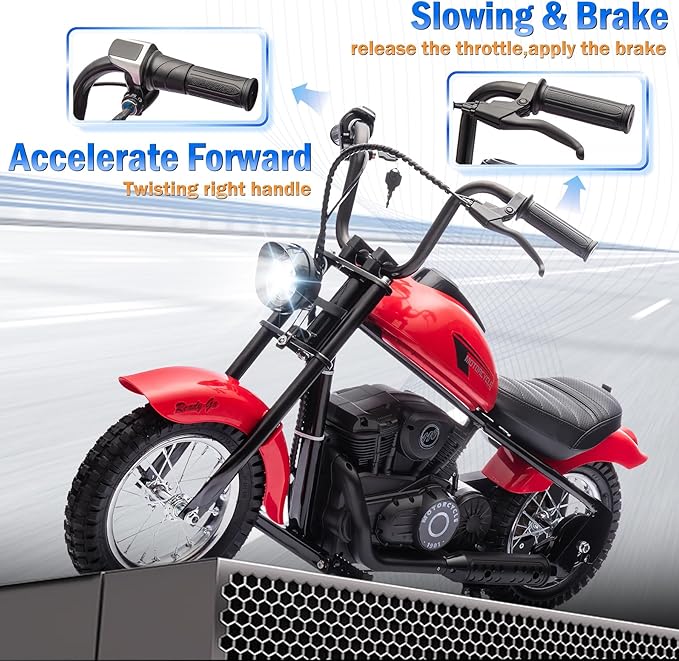 24V 9AH Electric Dirt Bike for Kids, 250W Strong Motor 13.6MPH Fast Speed Electric Retro Off-Road Motorcycle, Leather Seat Dirt Bike, LED Lights, Air-Filled Tires, Red