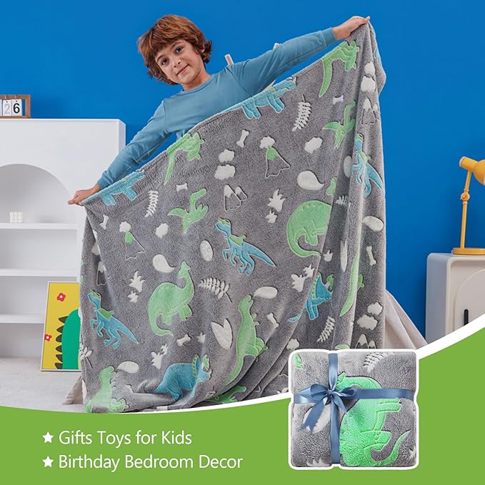 QSTEHEML Dinosaur Glow in The Dark Blanket,Dinosaur Gifts for Boys Age 3 4 5 6 7 8 9 10 11 12 Year Old, Soft Throw Blanket for Kids - Christmas Birthday Bedroom Decor 50"×60"