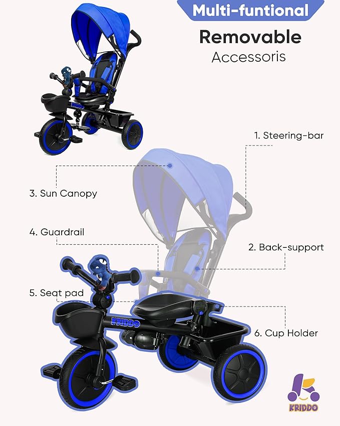 KRIDDO 7-in-1 Tricycle Stroller for Toddlers 18 Months to 5 Years, Adjustable Push Handle, Rotatable Seat, Cup Holder and Retractable Canopy, Folding Baby Trike w/Detachable Guardrail, Footrest, BU
