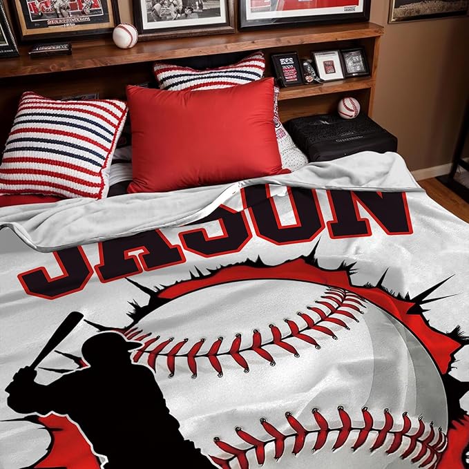 Personalized Baseball Blankets with Name Numbers, Custom Baseball Team Game Throw Flannel Blankets Stuff Gifts for Boys Sports Lover Fans Kids Adult