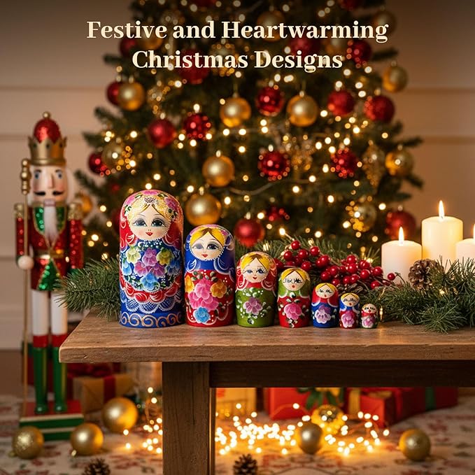 AMOR PRESENT Russian Nesting Dolls, 7PCS Wood Nesting Dolls Matryoshka Stacking Nested Set for Christmas Children Kids Birthday Gift