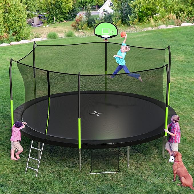 SKOK Trampoline 8FT 10FT 12FT 14FT 15FT Trampolines with Enclosure Net, 400LBS Outdoor Trampolines for Kids with Basketball Hoop-ASTM Approved Trampoline for Children and Adults with Ladder