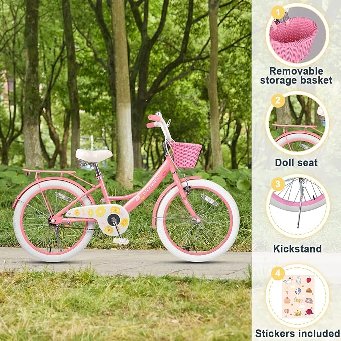 Glerc Maggie Girls Bike, 12-20 Inch Kids Bike for 2-13 Years Old Children, Princess Style Kids Bicycle with Doll-Seat & Basket & Training Wheels, Multiple Colors