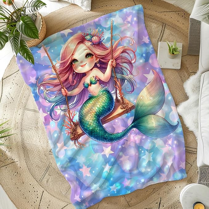 Mermaid Blanket Kids Blankets for Girls 1-3 Gift for Daughter Granddaughter, Cozy Cute 40 x 30 Inches Flannel Throws for Bed Living Room Garden