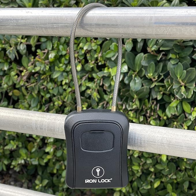 Iron Lock® Portable Key Lock Box and Wall Mount with Removable Cable Shackle Outdoor Waterproof 4 Digit Combination with Resettable Code with A B Switch Key Lockbox for Outside (Medium, Black)