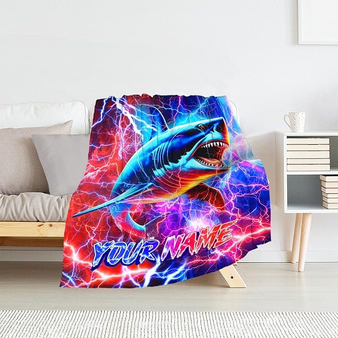 Personalized Boys Blanket Gifts Shark Blankets for Kids, Shark Lovers - Cozy Furry Plush Flannel Throws for Couch, Sofa & Travel