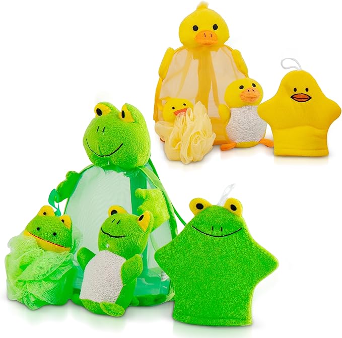 Baby Bath Set – Soft & Durable Frog-Themed Loofah Scrubber Kit – Cute Cartoon Bathing Accessories for Kids – Gentle Exfoliating Wash Mitt & Body Scrubber – Easy to Use