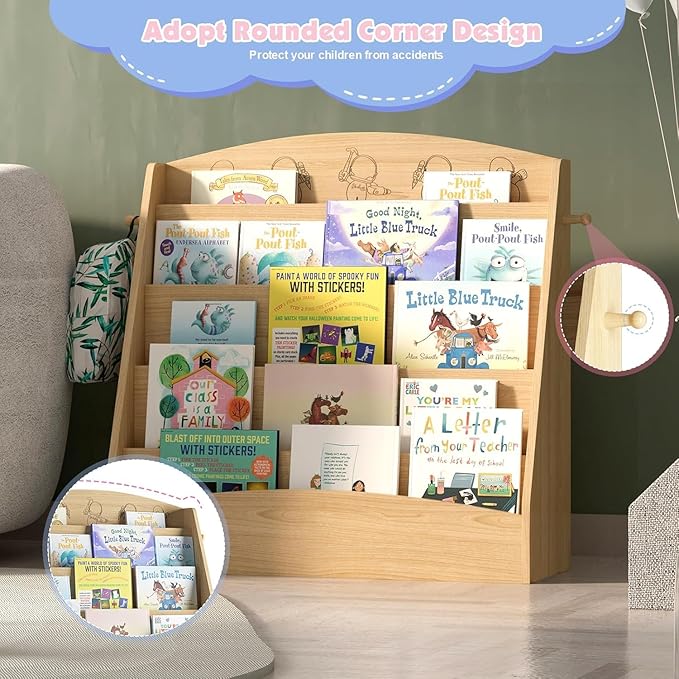 5-Tier Kids Bookshelf Montessori Toddler Book Rack Baby Bookcase Floor Front Facing Magazine Display Shelf for Bedroom Playroom Nursery Classroom Kindergarten Wood (Natural)