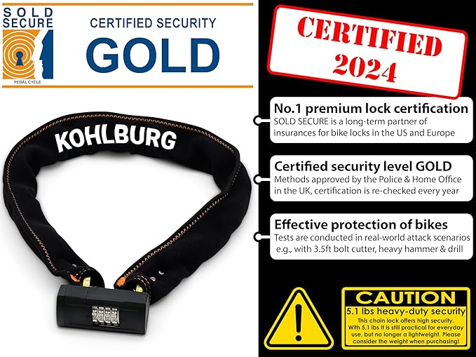 Heavy Duty Combination Bike Lock [Sold Secure Gold] 43" Long with Maximum Security – Anti Theft Bike Chain Lock with Numeric Code & 8mm Hardened Steel for Bicycle, Ebike, & Motorcycle