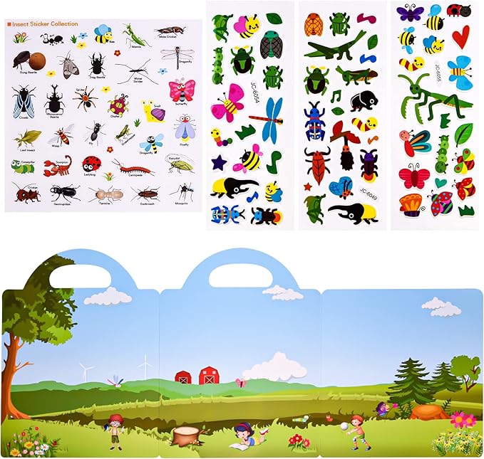 ASTARON Reusable Sticker Book for Toddlers, 88 Pcs Insect Stickers Road Trip Activities Car Airplane Activities Travel Toys for Kids, Kids Quiet Time Activities (2-6 Age)