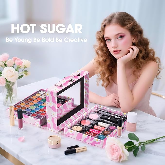 Hot Sugar Makeup Kit for Preteen Girls 10-12, Birthday Christmas Makeup Gift Set for Teens 16-18, All in One Beginner Makeup Kit for Women Full Kit (Floral Pink)