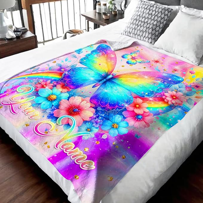 Personalized Blanket for Girls, Butterfly Throw Blankets Gift for Kids Teens Butterfly Lovers, Custom 80"x60" Flannel Throws for Couch Sofa Bed Travel