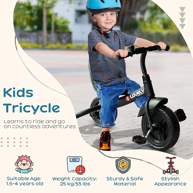 Qaba Toddler Tricycle, Kids Trike, 3-Wheel Bike for Toddlers 2-5 Years, Recreation Baby Tricycle for Boys and Girls with Bell Indoor Outdoor, Black