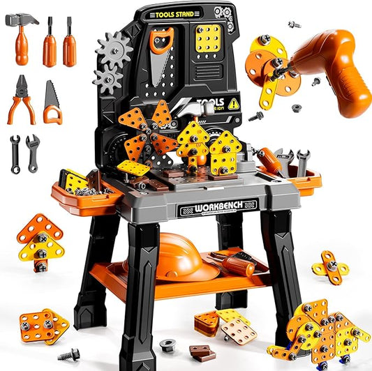 Kids Tool Toy Playset with Electronic Drill Sound for Aged 3 4 5 6 7 8, Workbench Toys for Toddlers 3-5, Pretend Play Tool Box, Construction Mechanic Set, Birthday Gift for Boys Girls Ages 3-8