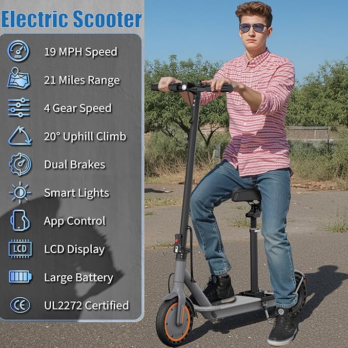 Electric Scooter, Folding E Scooter for Adults with Seat, 350W Motor, 8.5" Tire, 19MPH, 21Mile Long Range Lightweight Teens Commuting Sit Down Escooter with App, Bluetooth, Dual Brake (Seat Optional)